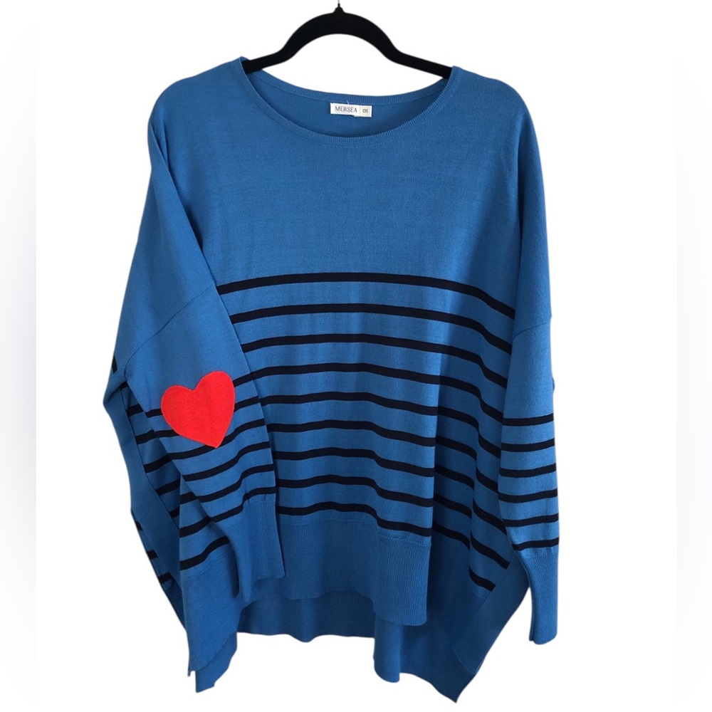 Mersea Amour Blue Stripe Red Heart Elbow PatchesTravel Sweater